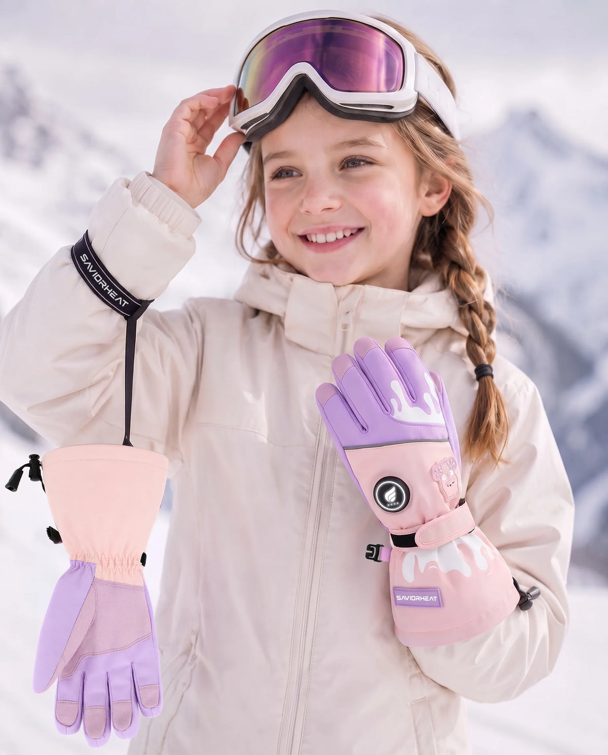 Sicherer Handgelenkriemen – SAVIOR HEAT beheizbare Kinder-Skihandschuhe mit B?renprint