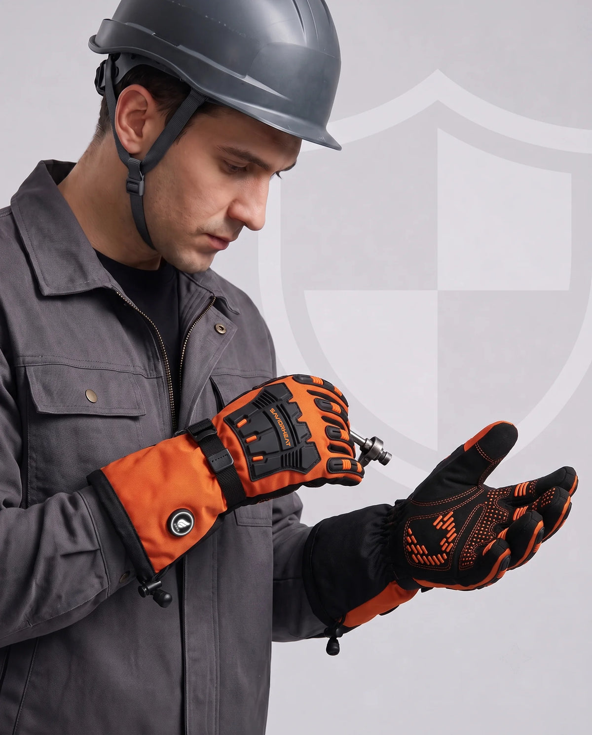 Verst?rkter Anti-Rutsch-Grip – SAVIOR HEAT robuste beheizbare Arbeitshandschuhe – Signalorange
