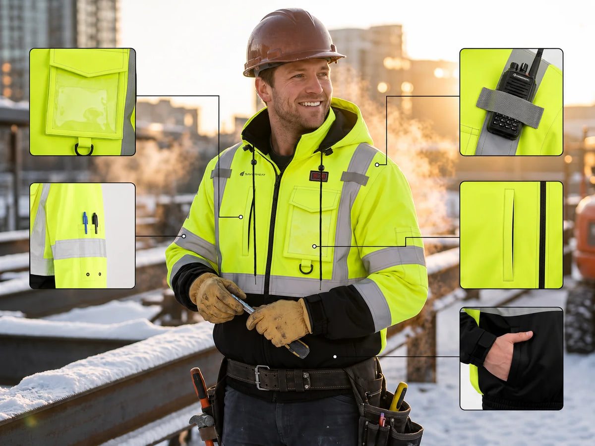 Praktische Taschen für den Arbeitsalltag – SAVIOR HEAT beheizbare Warnschutz-Arbeitsjacke mit Funktionstaschen