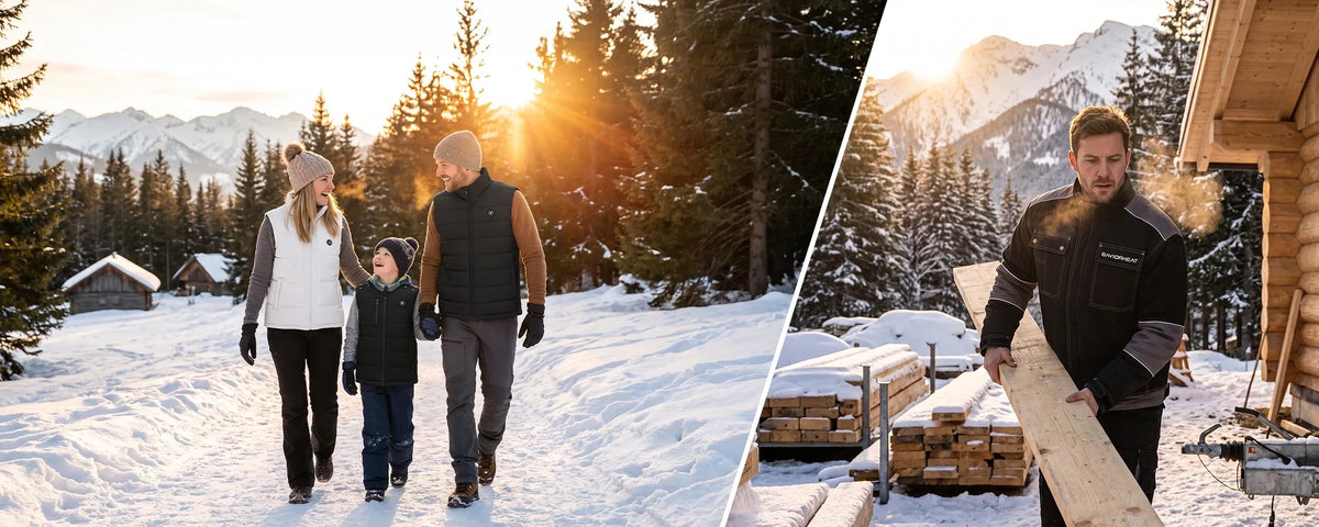 Familie in beheizbaren Westen bei einem Winterspaziergang in verschneiter Berglandschaft