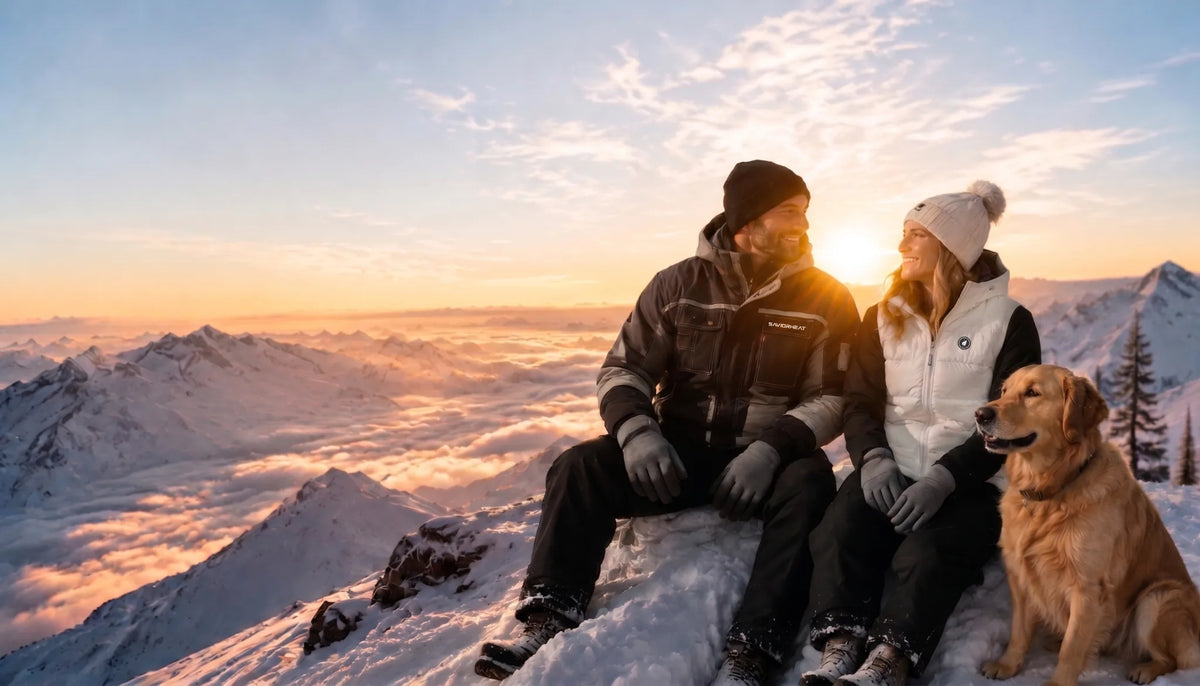 Paar mit Hund in beheizbarer Winterkleidung auf einem verschneiten Berg bei Sonnenuntergang